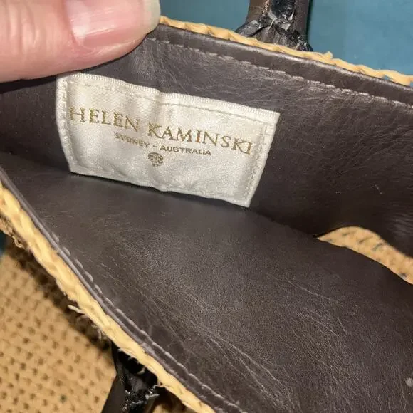 Helen Kaminski Woven Raffia Straw Tote Bag Brown Leather Handles Summer Purse - Picture 5 of 7